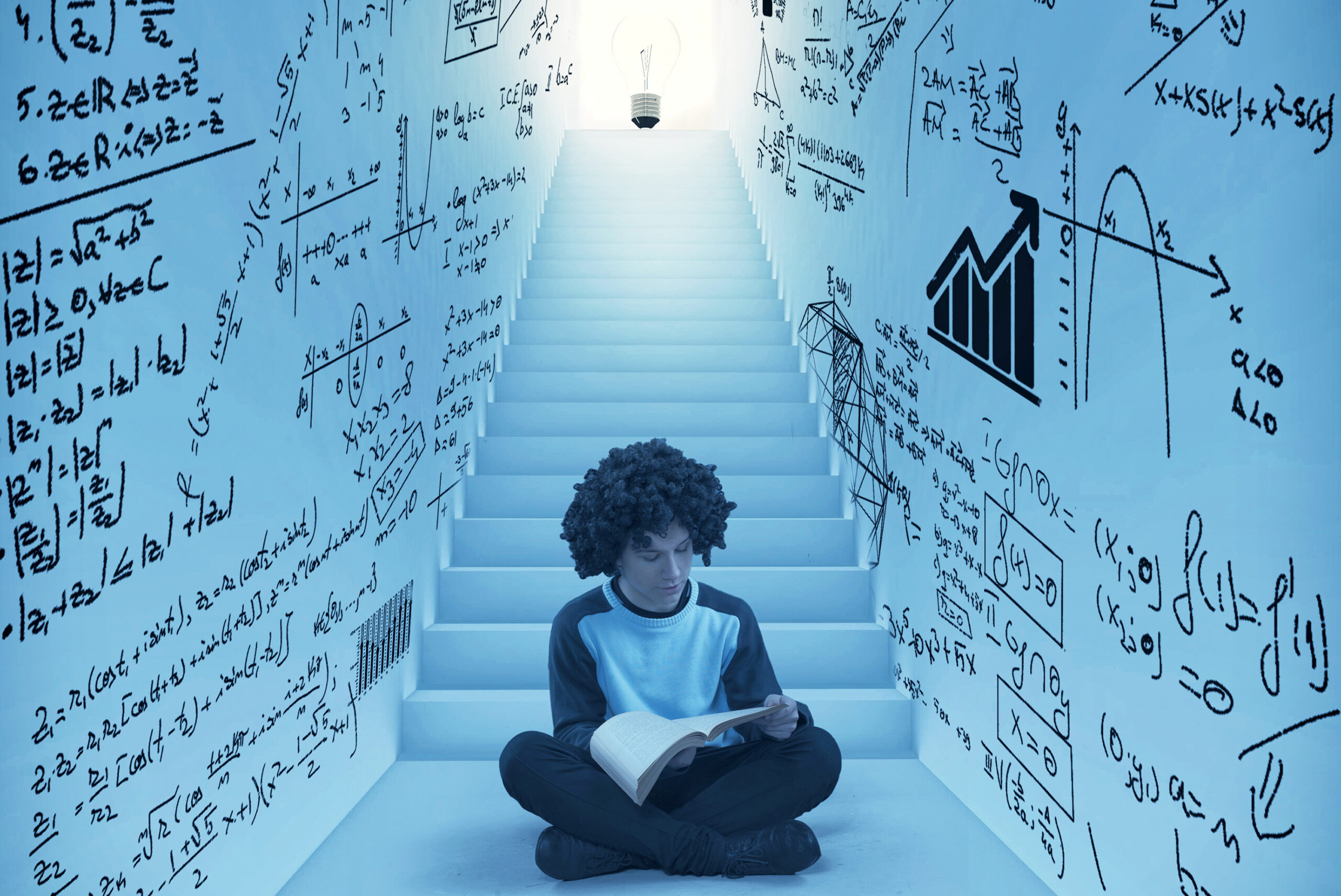 Man reading in a hallway drawn with math formulas and stairs to lightbulb . The concept of creation process.